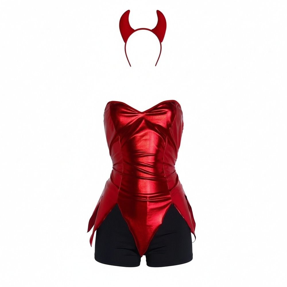 New Vegan Medium Red Devil Patent Leather Metallic Shorts Halloween Costume Set
